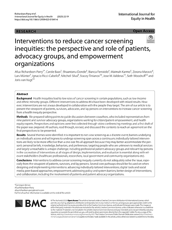 Interventions to reduce cancer screening inequities: the perspective and role of patients, advocacy groups, and empowerment organizations