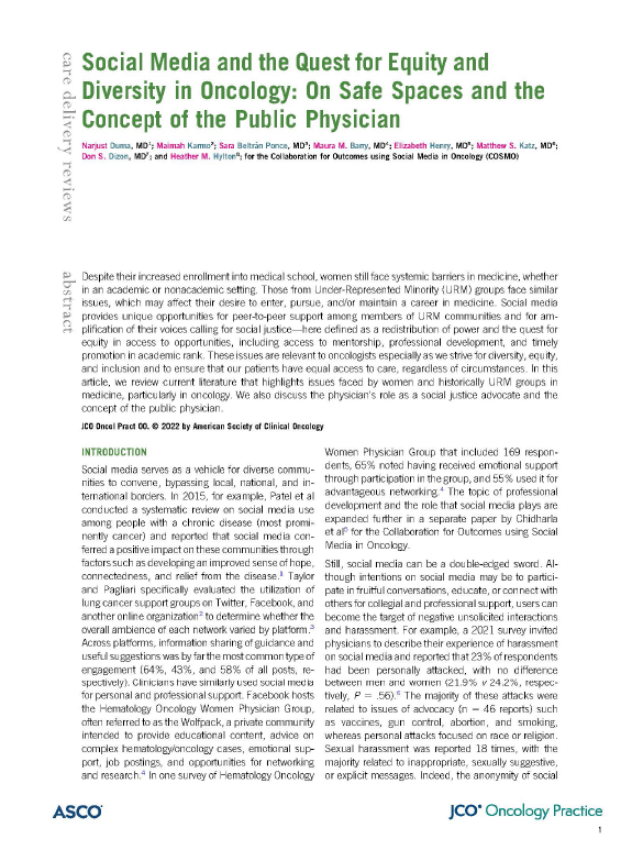 Social Media and the Quest for Equity and Diversity in Oncology: On Safe Spaces and the Concept of the Public Physician